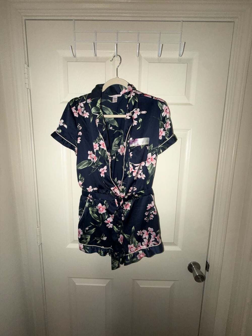 Victoria's Secret Satin Floral Tropical Navy Blue Pajama Romper